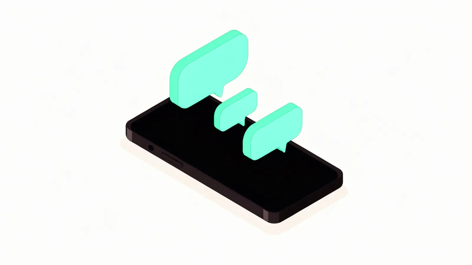 Smartphone grafite isométrico com balões de conversa verdes, ilustrando as novidades do ChatGPT no celular