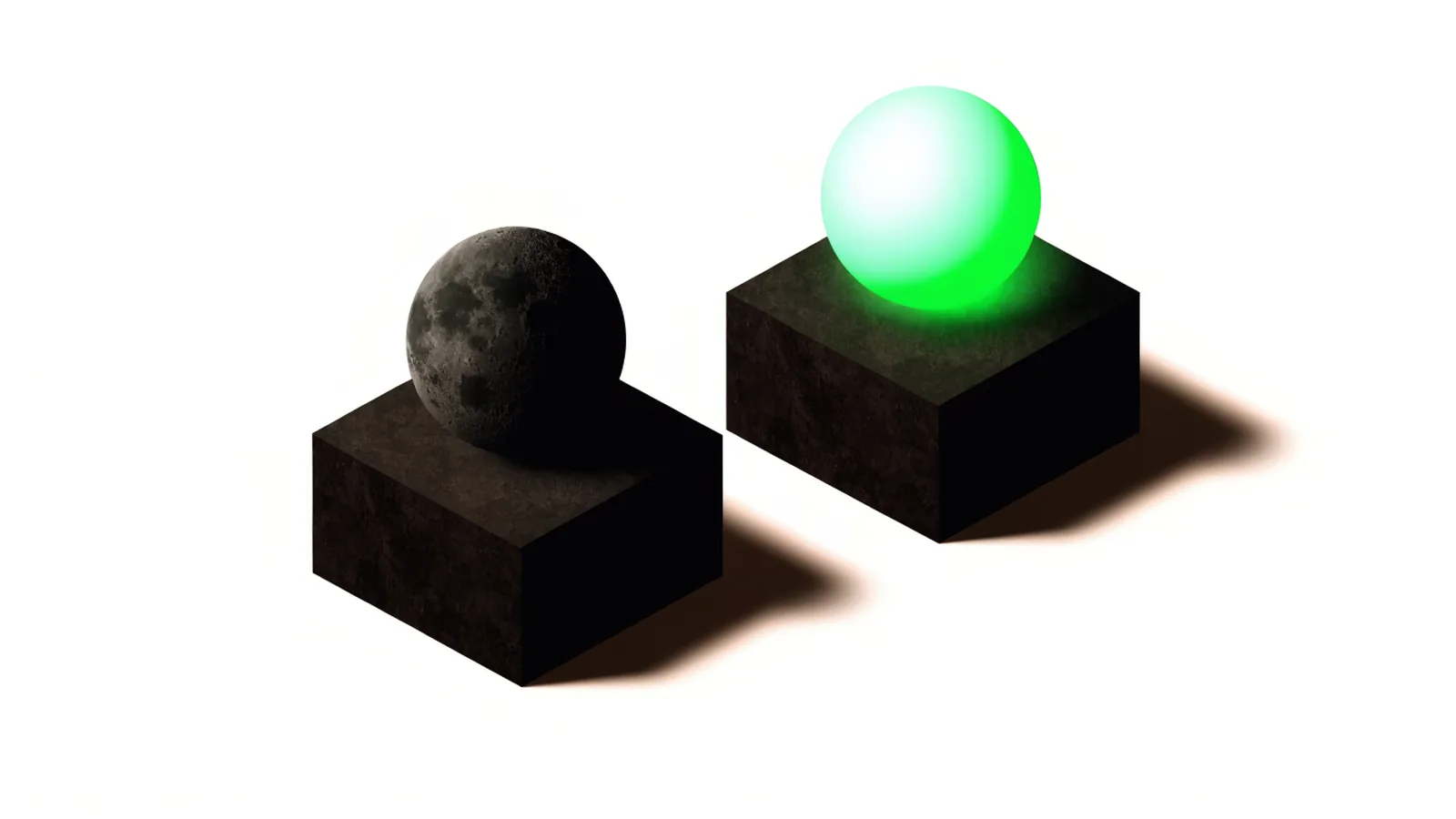 Duas esferas isométricas em pedestais, uma grafite como lua e uma verde como sol, ilustrando os modelos GPT-5.6 Luna e Sol