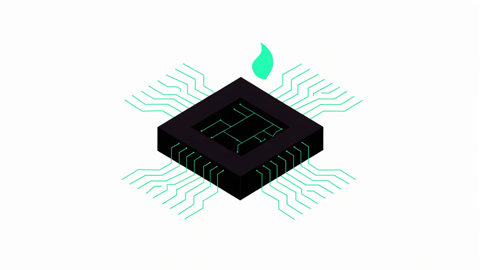 Chip de computador isométrico grafite com trilhas de circuito verdes e chama, ilustrando o chip Jalapeño da OpenAI
