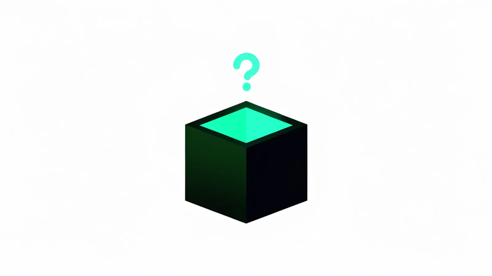 Cubo isométrico grafite entreaberto com luz verde e ponto de interrogação, ilustrando o modelo misterioso Ox Alpha