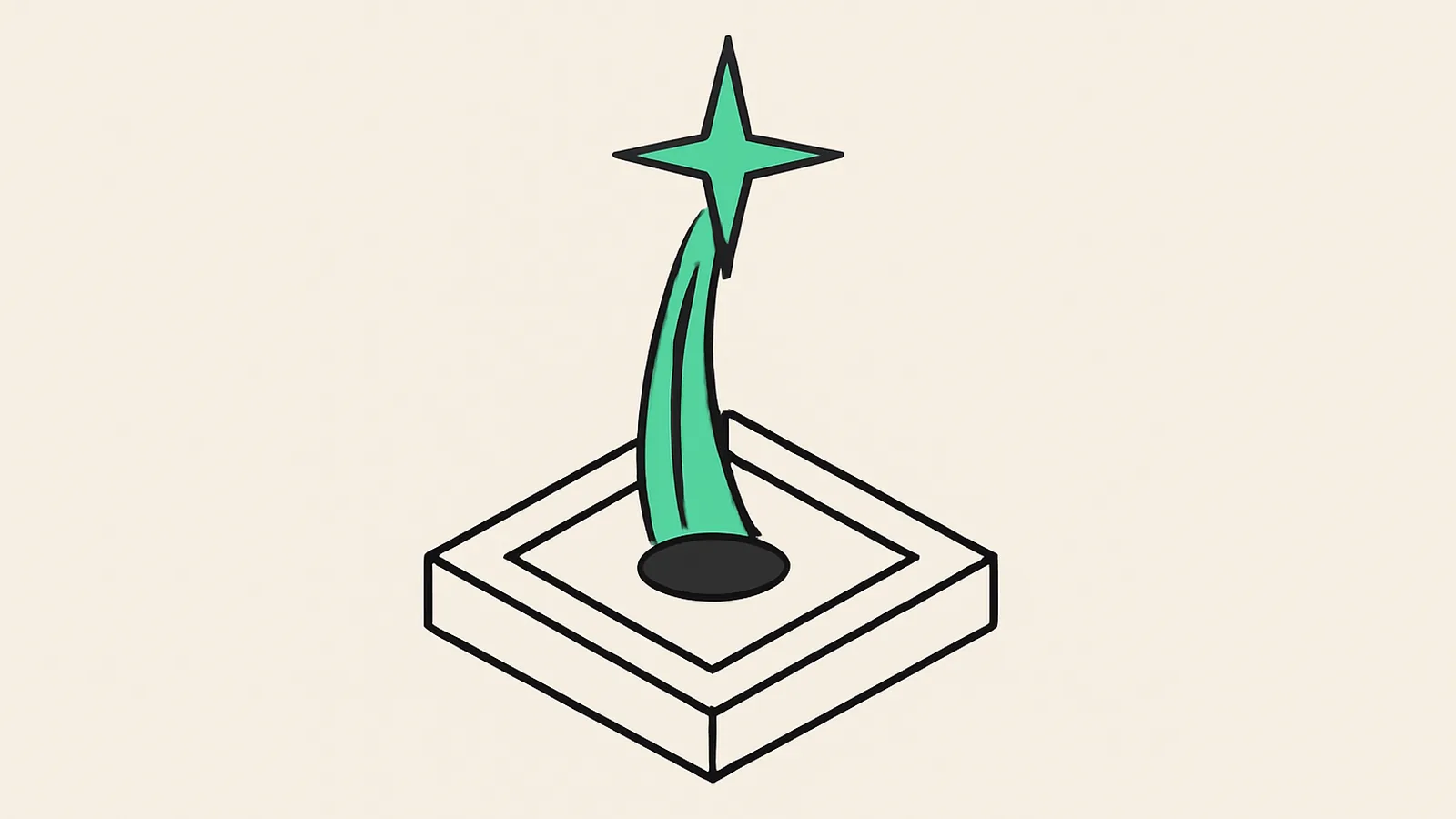 Estrela isométrica grafite com rastro verde subindo de uma plataforma, ilustrando o lançamento do GPT-6 Astra