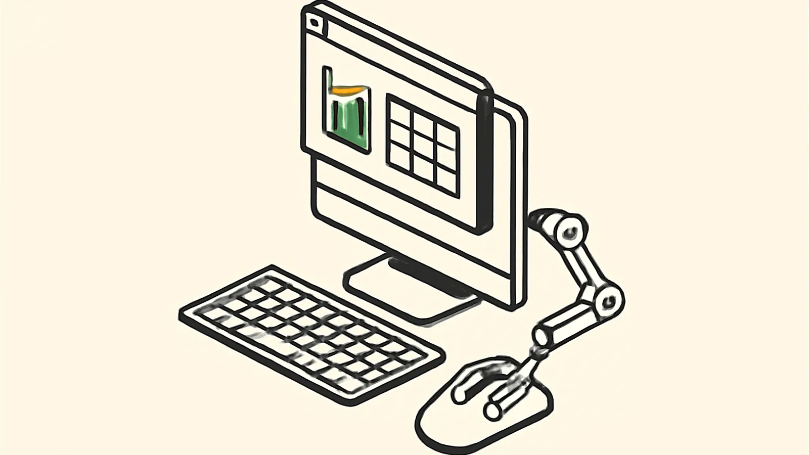 Computador isométrico grafite com braço robótico no mouse e planilha flutuante verde, ilustrando o uso de computador pelo GPT-6 Astra