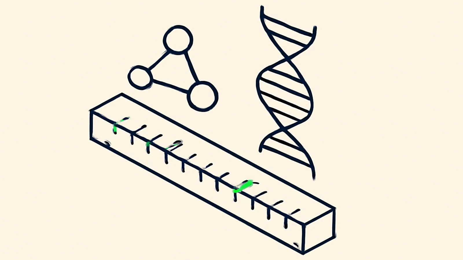 Régua isométrica grafite com lacunas irregulares entre pontos e uma lacuna destacada em verde, ao lado de hélice de DNA, ilustrando resultados científicos do GPT-6 Astra