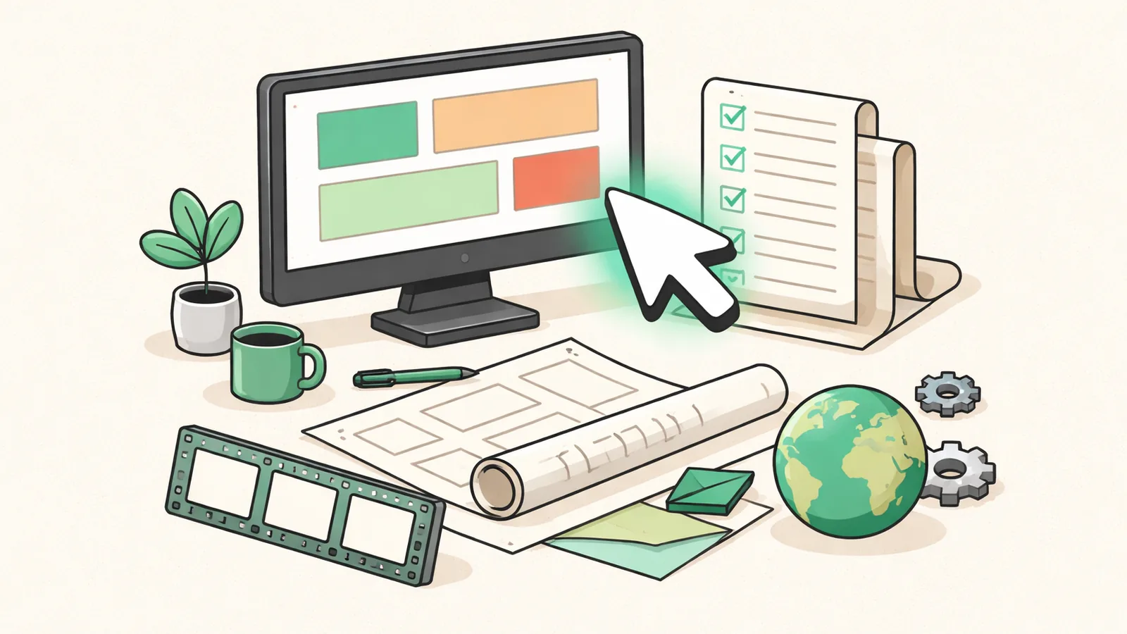 Ilustração isométrica de uma mesa de trabalho com monitor, formulários, planta técnica e cursor em movimento, simbolizando o GPT-6.1 Terra operando o computador.