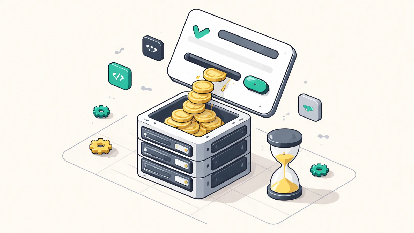 Ilustração isométrica de um cartão de assinatura despejando moedas em um pequeno servidor, simbolizando os créditos de API da OpenAI para assinantes Pro e Business.