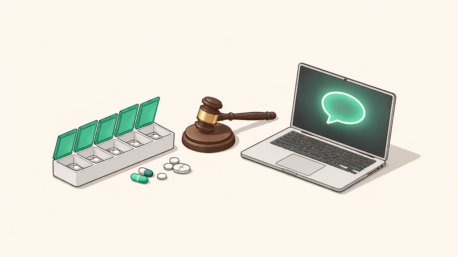 Ilustração isométrica com porta-comprimidos, martelo de juiz e notebook, simbolizando o processo contra a OpenAI sobre o remédio de epilepsia
