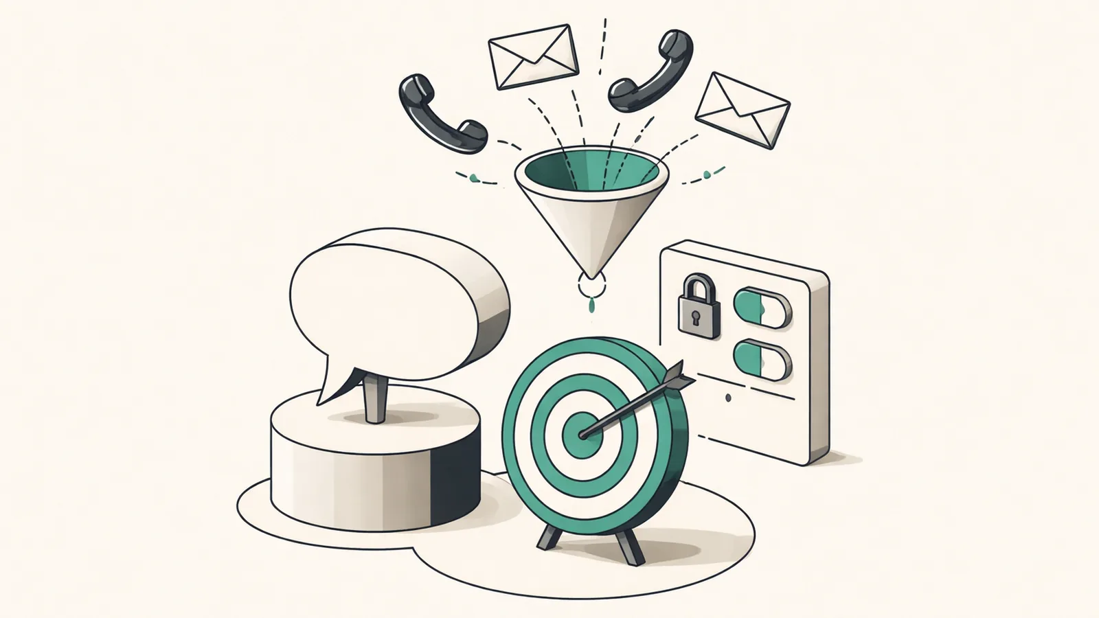 Ilustração isométrica de um balão de conversa cercado por envelopes e telefones que descem por um funil até um alvo, sobre a segmentação de anúncios em IA