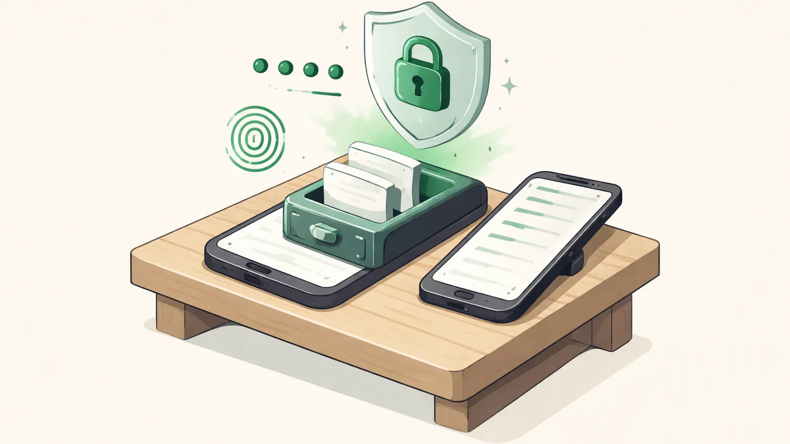 Ilustração isométrica de um smartphone com balões de conversa guardados atrás de um cadeado translúcido, simbolizando os chats bloqueados com PIN e Face ID no ChatGPT.