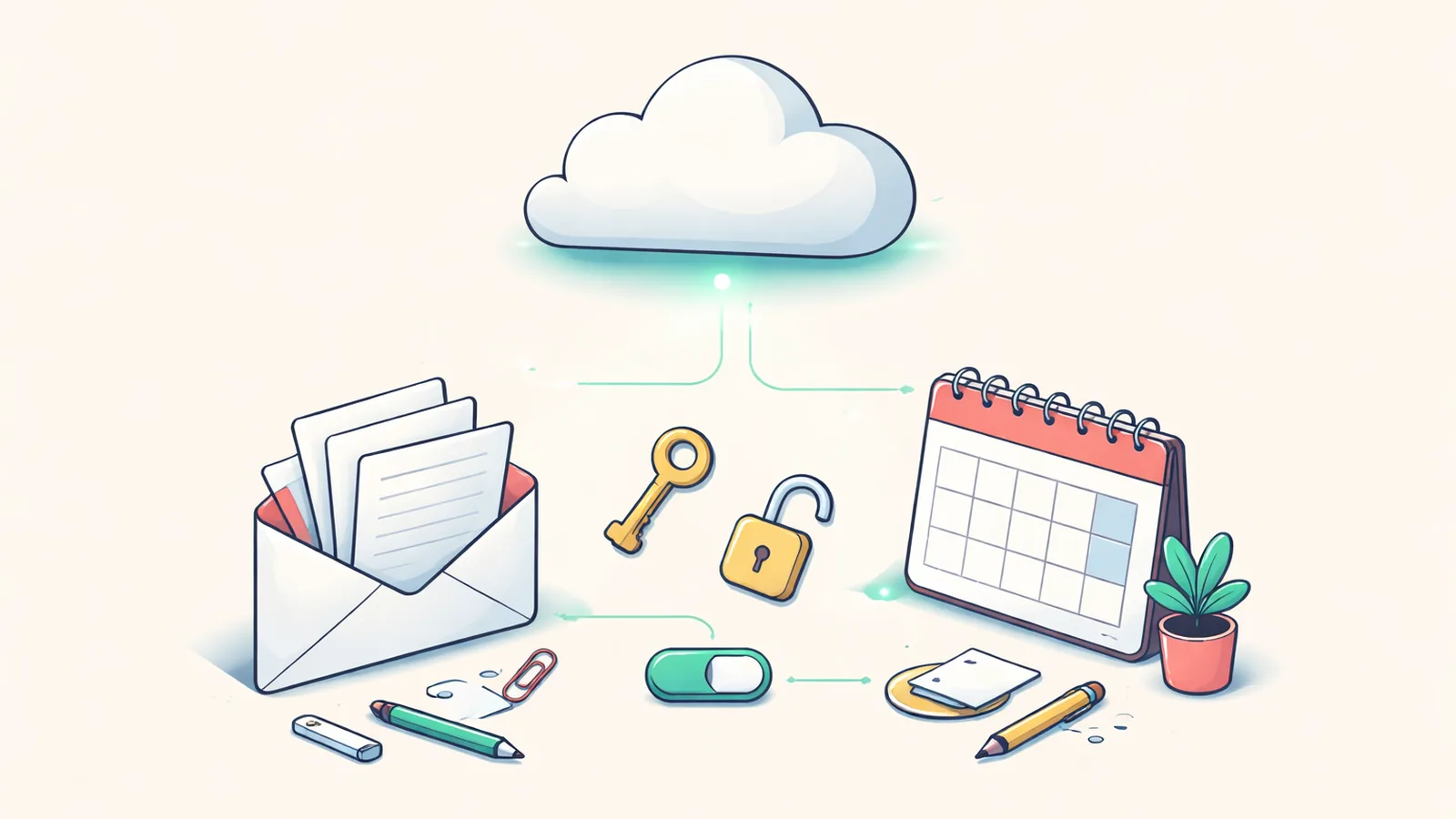 Ilustração isométrica de uma nuvem conectada a um envelope e a um calendário por uma chave luminosa, simbolizando a conexão do ChatGPT ao iCloud Mail e ao Calendário do iCloud.