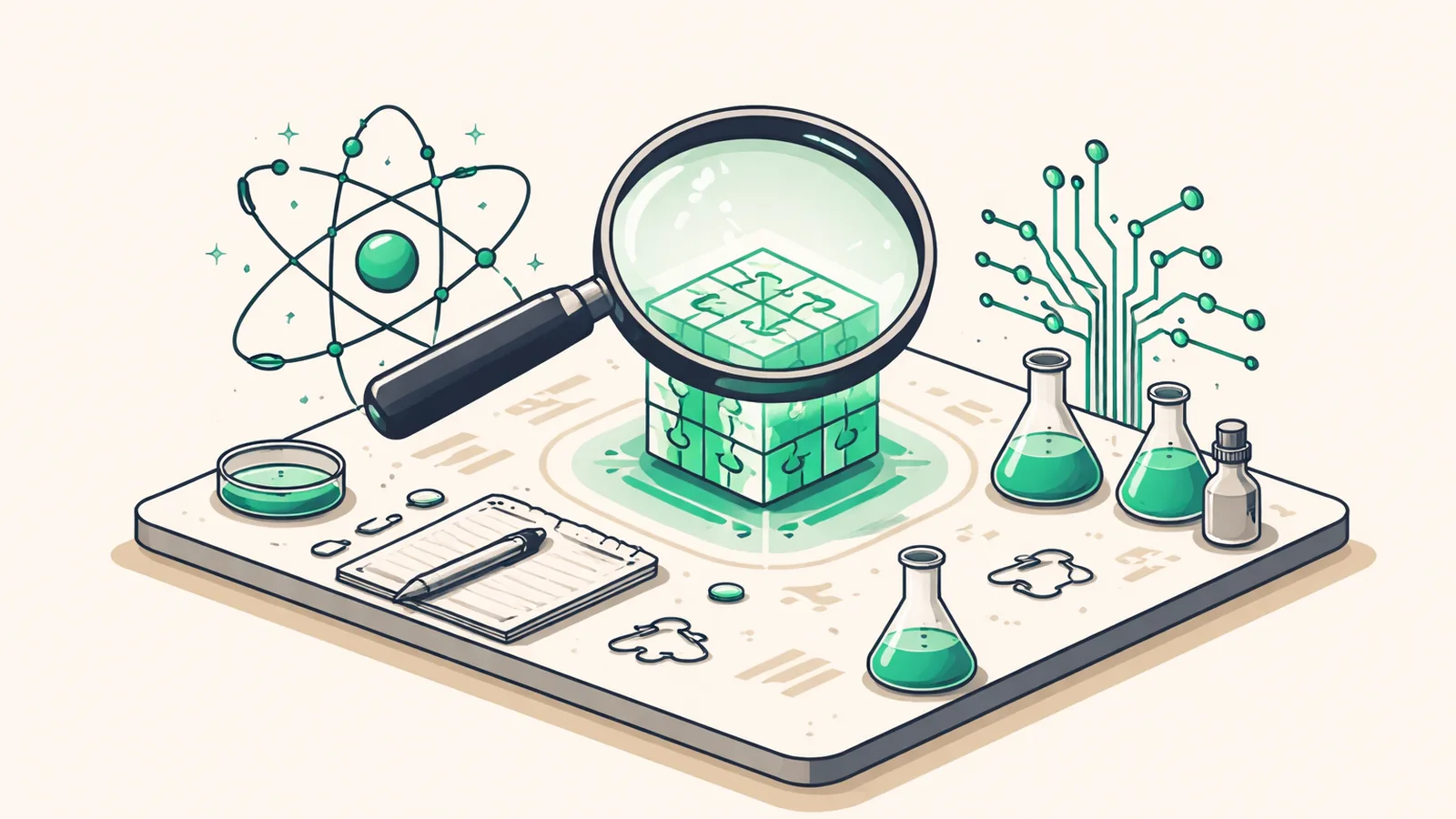 Ilustração isométrica com um átomo, um labirinto de circuitos e uma lupa sobre um cubo-quebra-cabeça, simbolizando as descobertas científicas atribuídas à IA da OpenAI.
